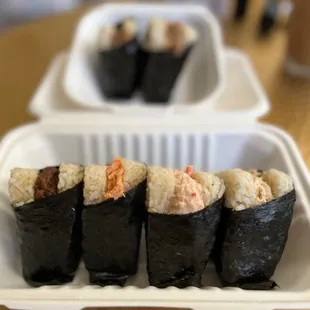 Salmon, miso tuna, snow crab onigilly + teriyaki chicken, Soboro - Ginger Beef ongilly (seafood and non-seafood)