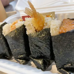 Crab, salmon, shrimp tempura, flash fried tofu onigilly