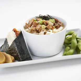 Tofu Noodle Soup Set. Choose 1 Onigilly, served w/ Edamame &amp; Takuan.