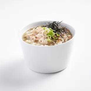 Zosui Soup. Miso-based rice soup w/ shiitake mushroom, sesame, green onion &amp; seaweed!