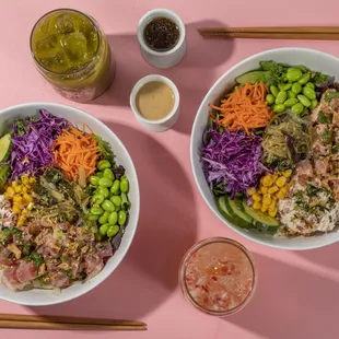 Poke bowls! Tuna Shio-koji and Spicy Salmon.