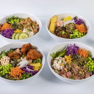 Our Bowls! Poke bowls and rice bowl, salad bowl. Choose your favorite toppings!