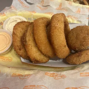 Sampler with Onion Rings and Pickle Chips