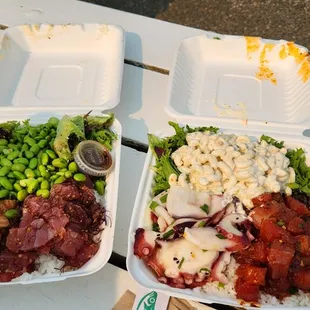 Ahi + salmon, edame side over sushi rice and salad (left). Tako + spicy ahi, mac salad over sushi rice and salad (right).