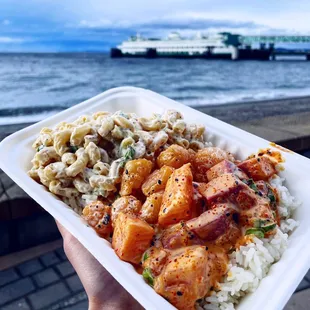 Tamari miso salmon and miso masago bay scallops with a Mac salad side  IG: @fooddeclassified