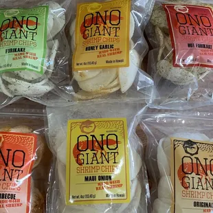 Yummy Flavors -Furikake, Honey Garlic, Hot Furikake, Spicy Barbecue, Maui Onion and the Original Shrimp Chips