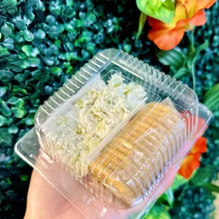 a hand holding a plastic container with two hot dogs in it