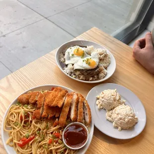 Loco moco, garlic noods, and Katsu