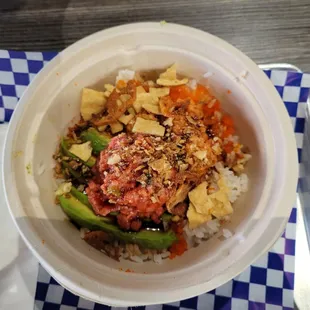 BYOB: Spicy Tuna, Spicy Salmon, Masago,Masato, Lotus Root, Wonton, Avocado, Crispy Onions, Ponzu, Eel Sauce, Rice