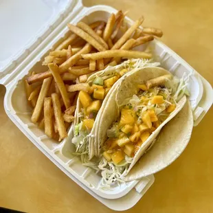 Fish (Ahi) Taco Plate with French Fries.