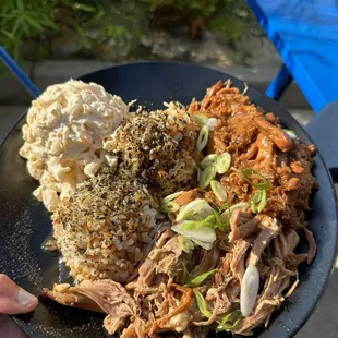 Kalua pig meat in front of  Shoyu Chicken meat in back