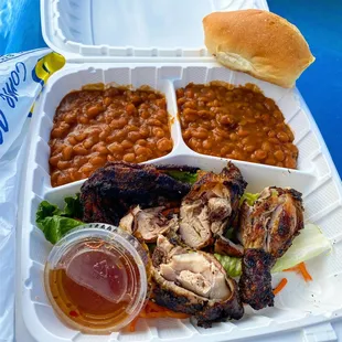 Jerk chicken baked beans (usually comes with potato salad as well)