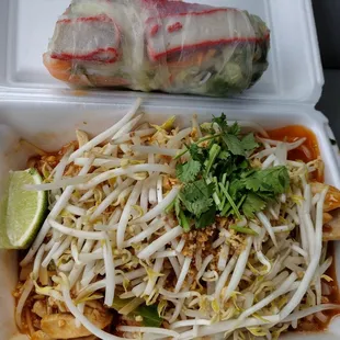 Chicken pad Thai with pork spring roll.