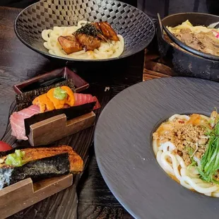 Spicy Tan Tan Udon, Beef Sukiyaki Udon, Spicy Pork Tsukemen, Unagi Handrolls, Chutoro with Uni Handroll