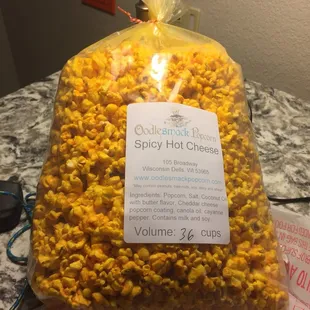 The spicy hot cheese popcorn is delicious and super cheesy.