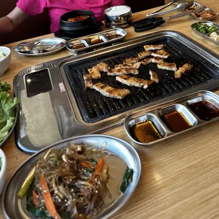 Japchae, pork belly, kimchi stew