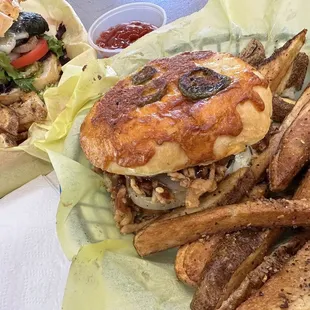 Hot lips Jalapeño Jack Burger &amp; a Tripple Onion Crunch with hand- cut French fries