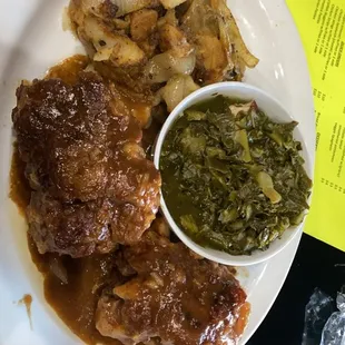 Ox tails with collard greens and smothered potatoes