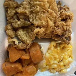 Country Fried Steak with Yams and Mac &amp; Cheese