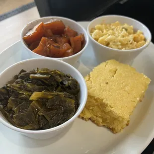 Candied yams, cornbread, Mac and cheese, collard greens- decent sized portions