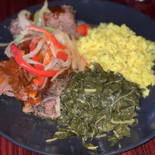 Beef Short Ribs Fresh Collard Greens and Yellow Rice