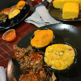 BBQ Beef Short Ribs, Macaroni and Cheese, and Yams with Cornbread