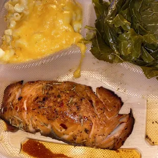 Teriyaki Salmon with Mac &amp; cheese and greens