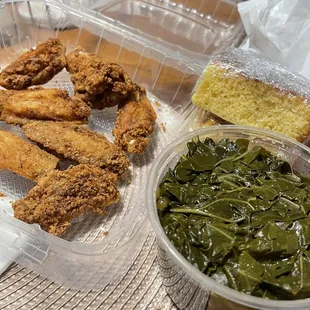 Chicken Wings (10pcs), Fresh Collard Greens, Corn Bread