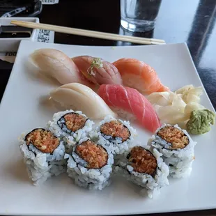Sushi Lunch: spicy tuna maki, and five pieces of nigiri