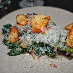 Broccolini carbonara with sumac croutons