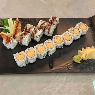 Two rolls, $10.95, came with soup or a salad. Shrimp tempura &amp; spicy crunch crab roll.