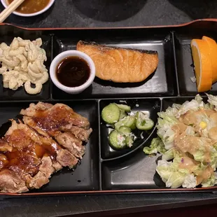 Chicken teriyaki and salmon combination