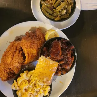 Catfish Mac and Cheese Yams Green Beans and White Potatoes! Absolutely