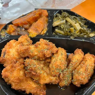 Hennessy wings, greens, and yams