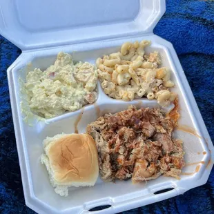 Pulled pork plate with potato salad and mac n cheese