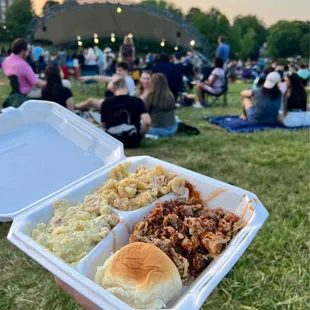 Pulled pork plate with potato salad and mac n cheese at Southpark After 5