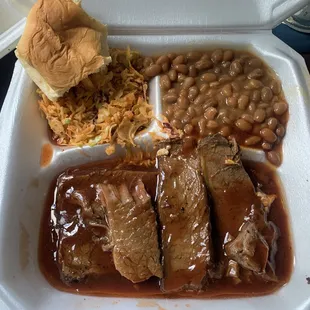 Brisket with slaw, baked beans, roll.