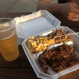 Pulled pork BBQ plate with Mac and cheese and coleslaw (beer not included)