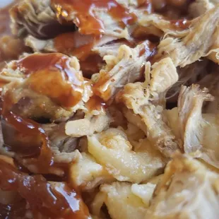 smoked Pork, mac, and baked beans  bbq/buffalo sauce