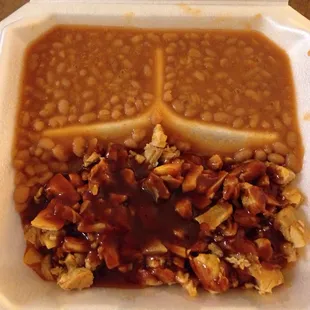 Chopped chicken with double baked beans.