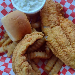Catfish,fries,slaw