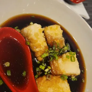 Agedashi Tofu! (We were a little too excited and ate a little before the picture, but you get the idea.)
