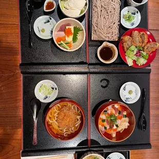 6/29/22 small tofu salad &amp; small kaisen don, seiro soba &amp; beef potato croquette, croquette udon, bara chirashi don, small salmon ikura don