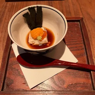 Uni tofu with salmon roe, nori and dashi sauce