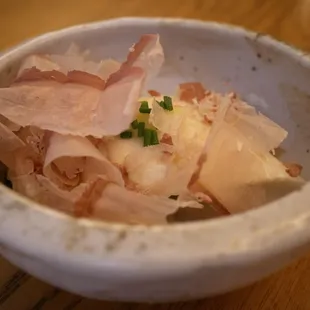 Homemade tofu with bonito flakes