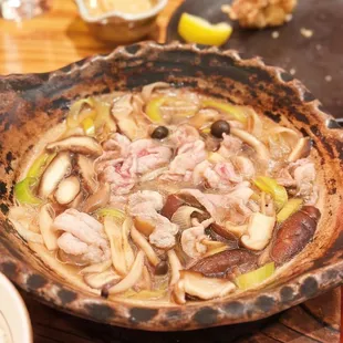 Kamo Jibuni Nabe - sliced duck, leek, and mushrooms cooked in a soy sauce based original broth