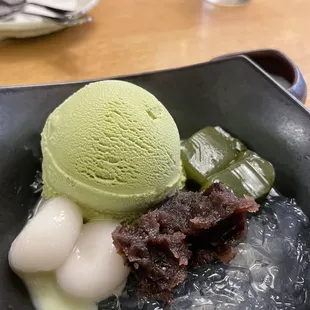 Restaurant week dessert - green tea ice cream, red bean, mochi, jello, lychee? With soy milk dressing.