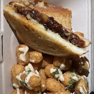 Maple Bacon Grilled Cheese and Aioli Tater Tots