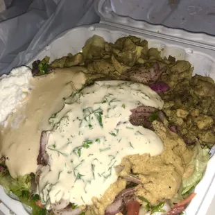 Chicken Shawarma bowl. There&apos;s rice under there somewhere, I promise!