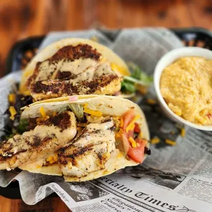 Blackened fish Russ' Taco with pimento Cheese Grits